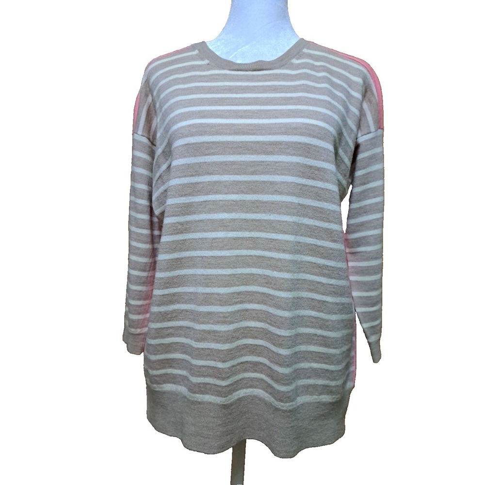 J. Crew Women's 100 % Merino Wool 3/4 Sleeve Beige/ Pink Striped Sweater M New
